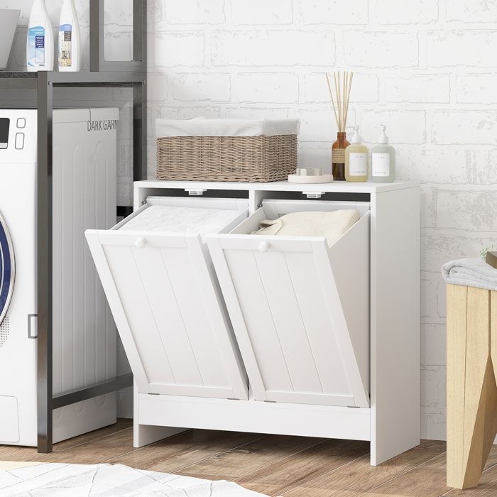 Meuble salle de bain avec panier à linge armoire salle de bain en bois avec 2 portes et 2 paniers 66x33x68cm blanc
