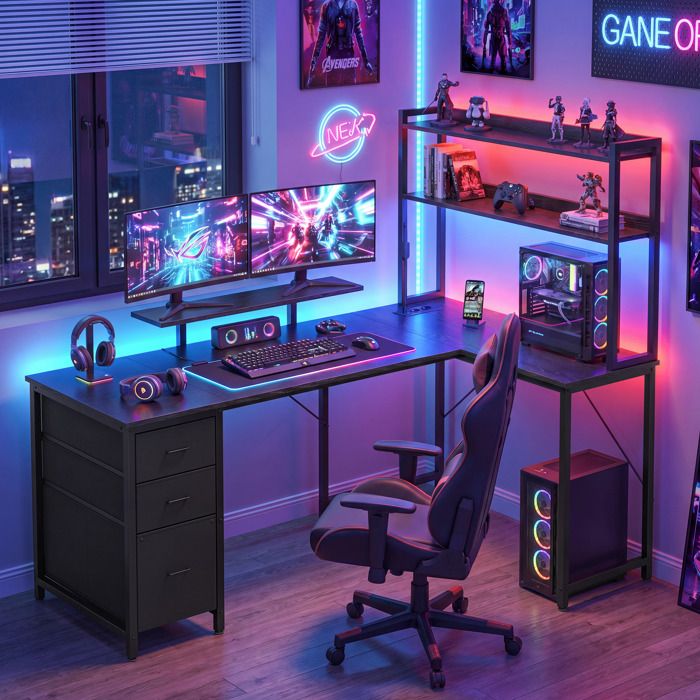 Bureau Gaming dAngle Réversible avec LED et Ports USB Table en L Étagères Support dÉcran 3 Tiroirs 160 x 100 cm Noir Bureau Gaming dAngle Réversible avec LED et Ports USB Table en L Étagères Support dÉcran 3 Tiroirs 160 x 100 cm Noir