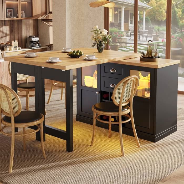 Îlot de cuisine plateau extensible rangements casier à bouteilles éclairage LED tricolore 120-197 cm pivotant à 360° noir