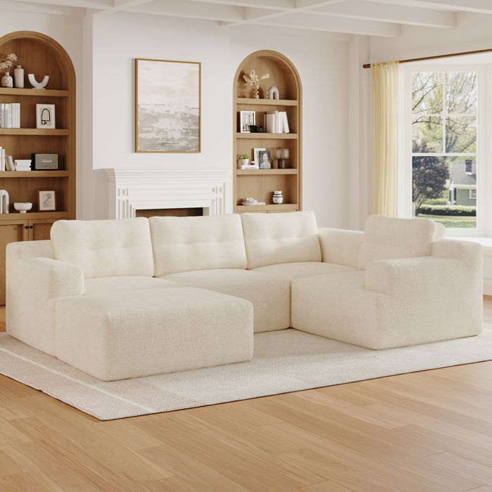 Canapé modulable dangle en chenille beige 5 places avec pouf mousse haute élasticité 252 x 180 x 82 cm