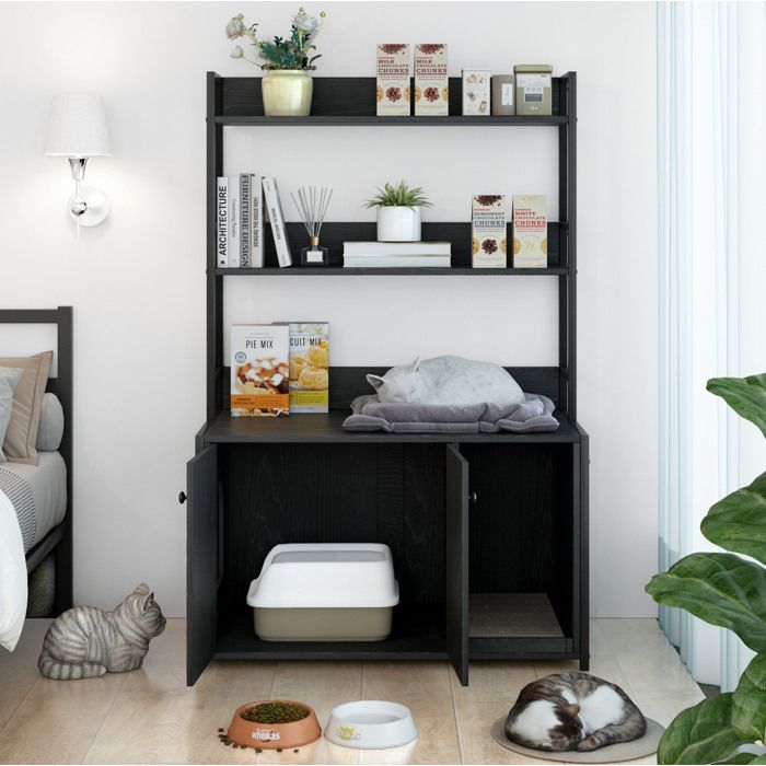 Meuble cache-litière pour chat noir 895 x 45 x 132 cm avec 3 étagères double porte MDF et métal