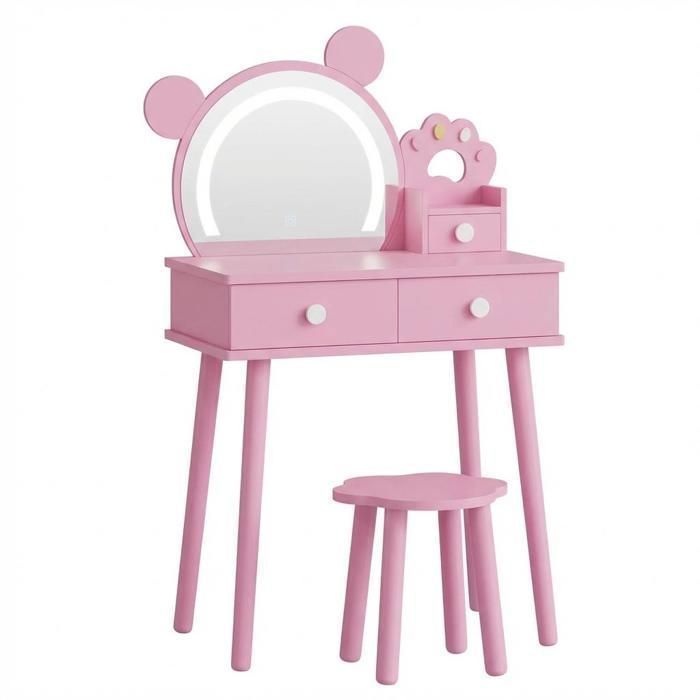 GARVEE Table de maquillage enfant en bois - Miroir LED ours tiroirs spacieux tabouret fleur -55 x 38 x 101 cm-rose