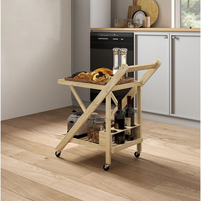 Desserte de cuisine pliante EVRYAE 66 x 40 x 70 cm avec 2 niveaux range-bouteilles 3 places bambou bois naturel