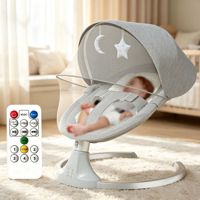 Balancelle Bébé Électrique - 5 Vitesses - Réglage 3 Angles - Télécommande - Minuterie intelligente - Fauteuil à bascule - Gris