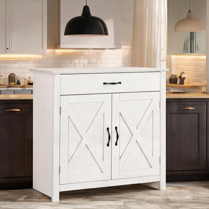 Buffet de rangement 2 portes coulissantes et tiroir MDF blanc 80x39 7x80 cm style campagne étagère ajustable