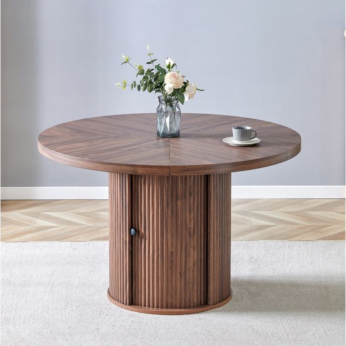 Table a manger ronde AESVAR 115 cm avec rangement integre pied colonne MDF decor bois noyer