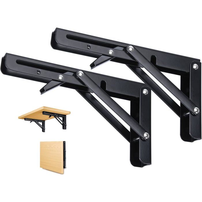 Support détagère pliable lot de 2 - Équerre pliante 300 mm en métal noir capacité 60 kg fixation murale