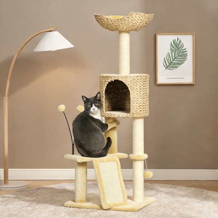 Cat Litter Boxes with Beige Bois and 17.7 x 15.8 x 45.7 in Arbre à chat beige 116 cm avec niche