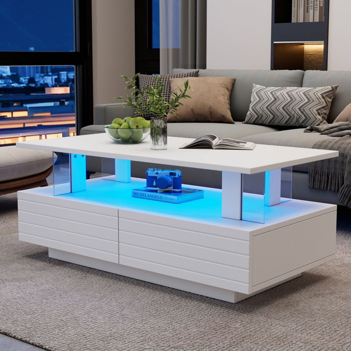 Table basse LED blanche rectangulaire – commande par application et télécommande – 2 tiroirs