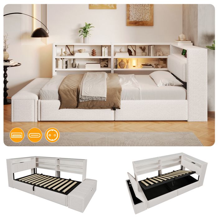 Structure de lit banquette 90x200 cm avec coffre meuble latéral banc de lit LED et USB blanche
