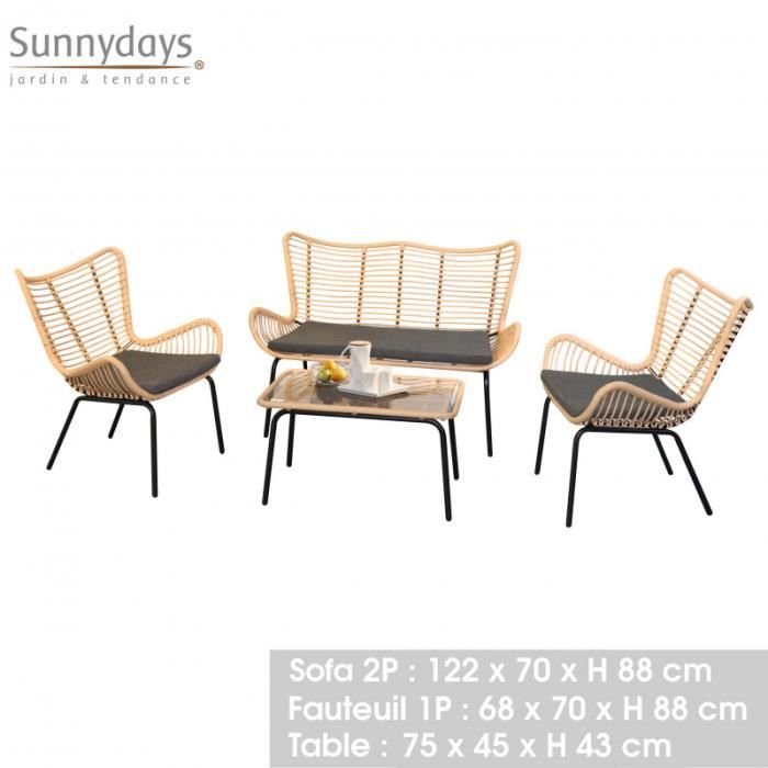 Tables et chaises - Salon de jardin 4 places SEVILLE - Effet rotin et noir - Résine trésse et métal - L 75 x P 45 x H 43cm
