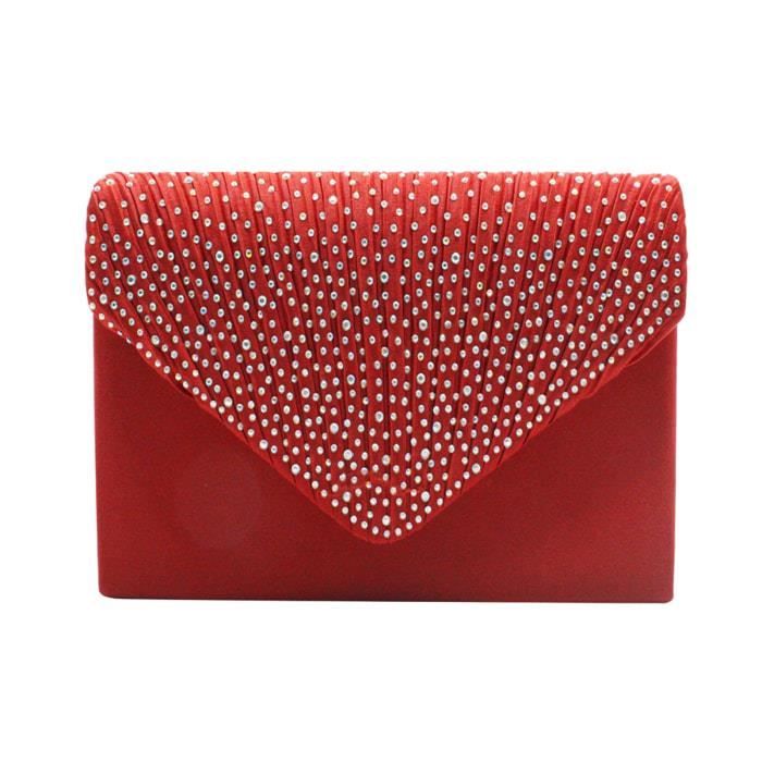 Pochette A Main Sac De Soiree Mariage Rouge En Satin Rabat