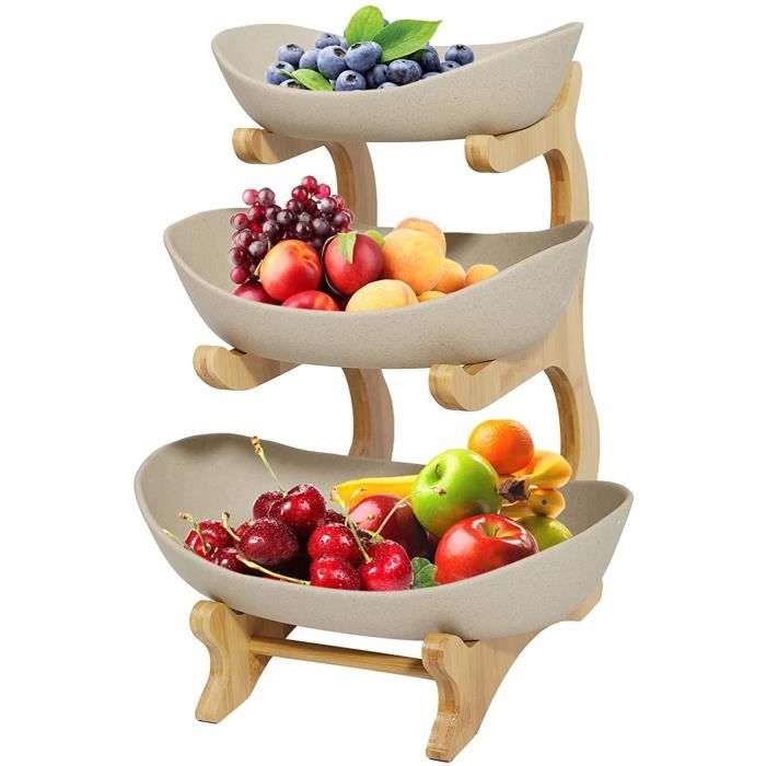 Marron Corbeille à Fruits en Céramique à 3 Etages avec Support en Bambou Naturel Bol de Fruits Etagere Assiette De Fruits Stockage de Légumes Paniers à Pain pour Salle Cuisine Soirée Mariage Banquet