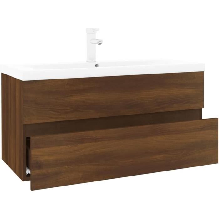 Meuble Lavabo Chêne Brun Avec Vasque Intégrée – Bois D'ingénierie, Neuf