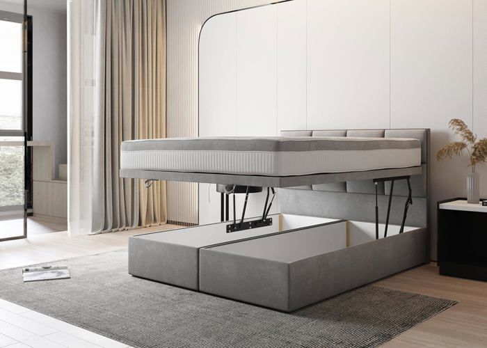 Lit adulte 140x200 cm TROPEA - avec rangement et matelas ressorts ensachés - tissu velours - gris