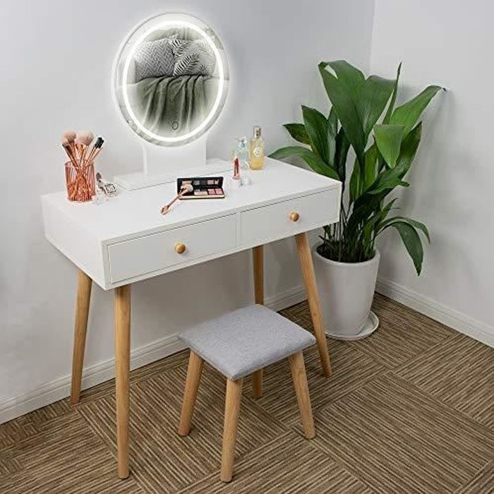 Coiffeuse D'angle 3 Tiroirs Avec Miroir Rabattable LED - Table Maquillage/chevet - Bois Pin, Charge 100 Kg - Noir/blanc/gris