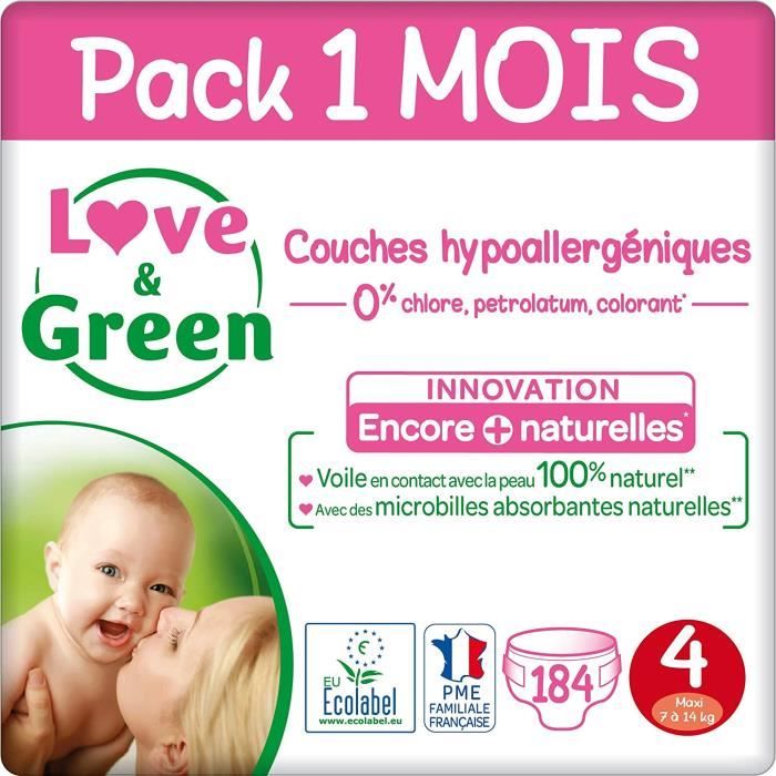 Love & Green Couches Taille 4 (7-14 Kg) - Pack 1 Mois (184 Couches) -  Cdiscount Puériculture & Eveil bébé