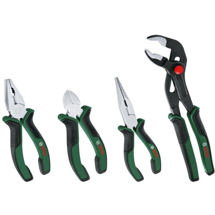 Set de 4 pinces BOSCH - Universelle 180 coupante 160 bec long 180 multiprise 250 - Acier au carbure dur chrome-nickel