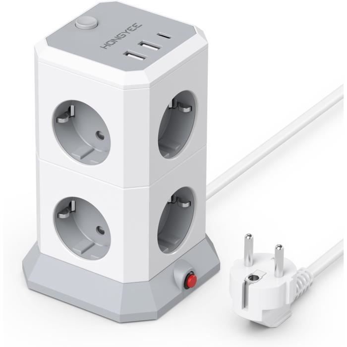 Multiprise Parasurtenseur 12 Prises + 5 Ports USB – Marque PASSUS, Câble 10 Pieds, Noir, 125V