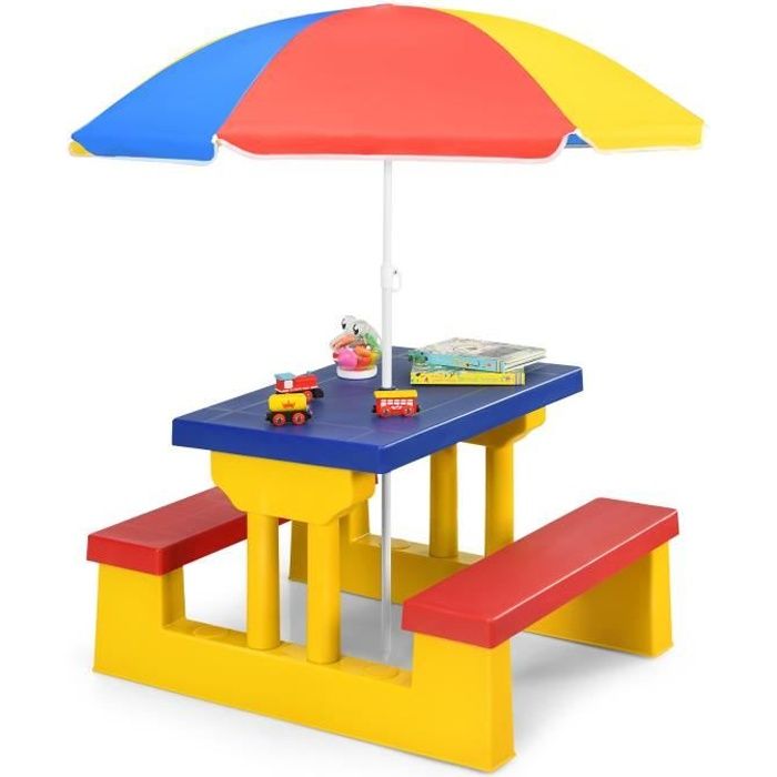 DREAMADE Salon de Jardin pour Enfant avec Parasol Table de Pique-Nique Colorée pour Enfants avec Banc pour Bistrot Jardin Balcon