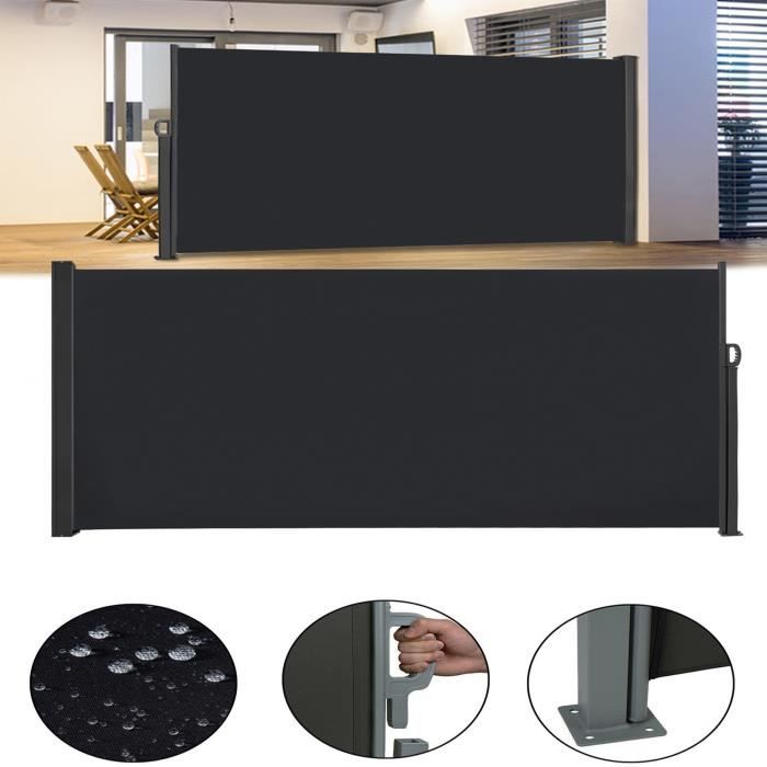 Store Latéral Rétractable 3x1.8m - Écran D'intimité Extérieur En Polyester, Avec Poignée Et Poteaux En Aluminium Inclinés