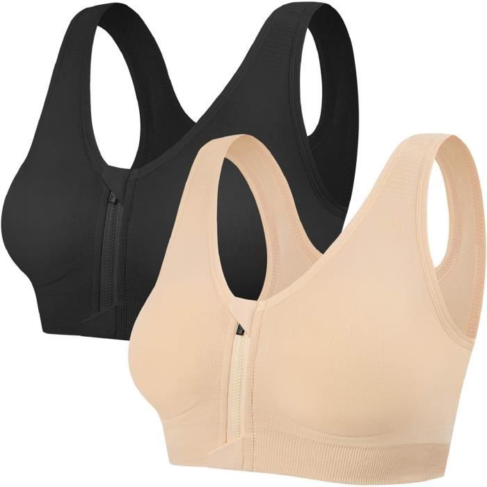 Soutien-Gorge de Sport Femme - Avant Zipper - Coussinets Amovibles - Noir et Peau