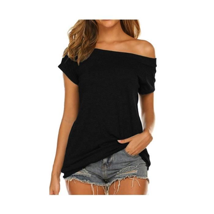 T-Shirt Femme Manches Courtes Épaules Dénudées Col Bateau Casual Tee Shirt  Lache Couleur Unie Noir