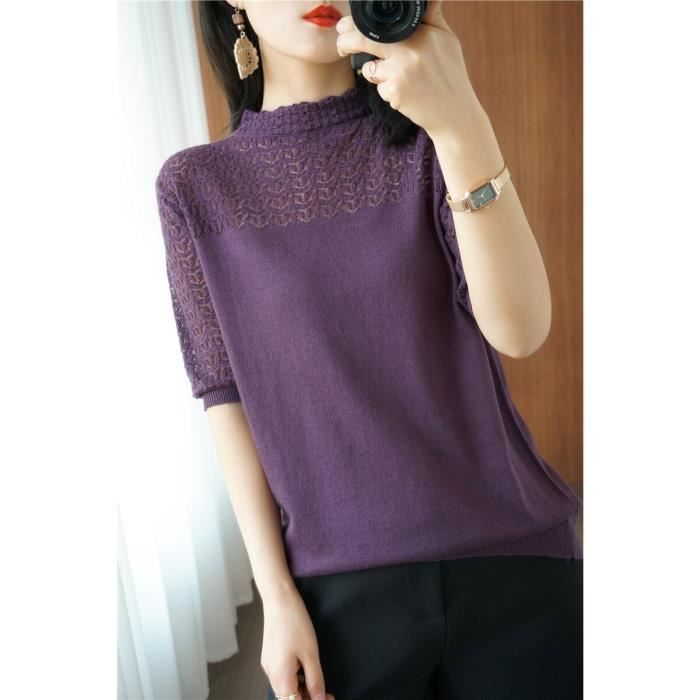 PULL Ete femmes tricote a manches courtes 2021 mince pull femme evider dentelle col roule pull dames tricot coton Type Purple Blanc Cdiscount Pret a Porter