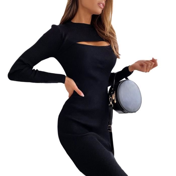 Robe a Col Roule Femme Longue Tricot Robe de Soiree Hiver Robe Moulante a Manches Longues Couleur Unie Robe Slim Sexy noir Noir Cdiscount Pret a Porter
