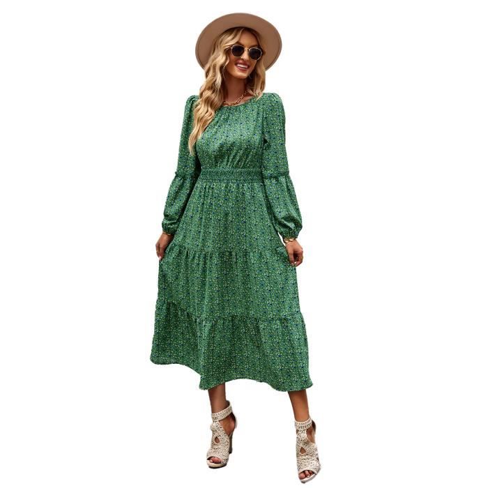 Robe longue 1970 en mousseline violette verte et blanche - Chez Sarah