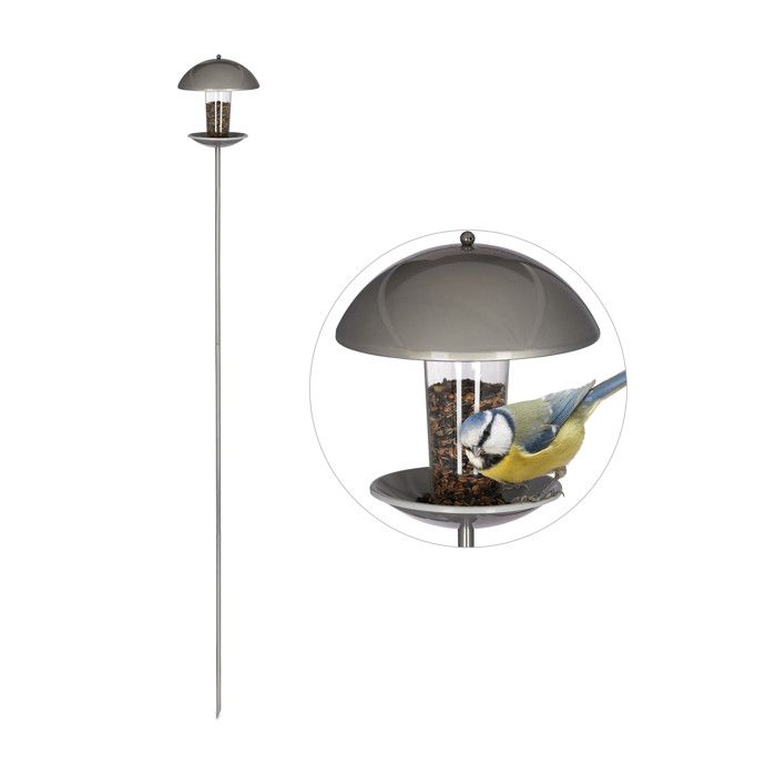 Meilleurs prix pour Relaxdays Mangeoire à oiseaux, Distributeur de graines en silo, jardin ou balcon, avec piquet H : 172 cm, argenté - 4052025260255
