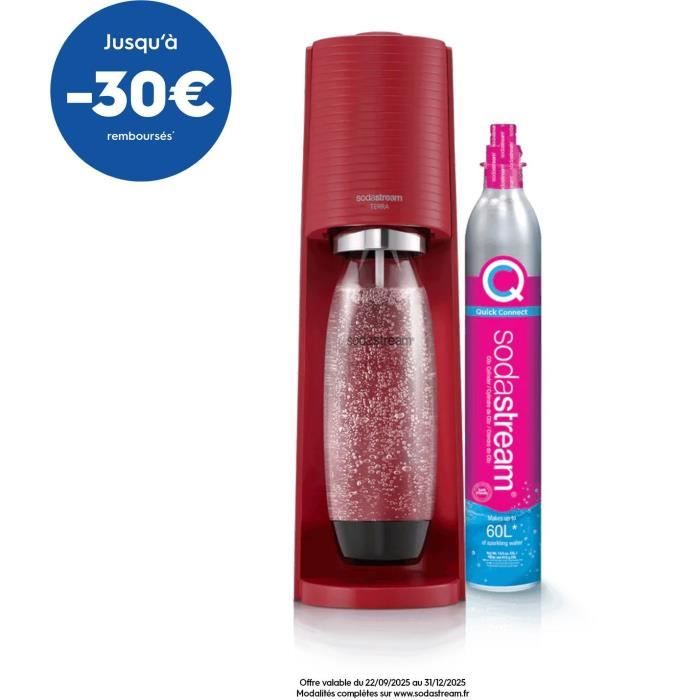 Machine à soda et eau pétillante SODASTREAM - TERRA Rouge - 1 bouteille compatible lave-vaisselle - 1 recharge de gaz 60L