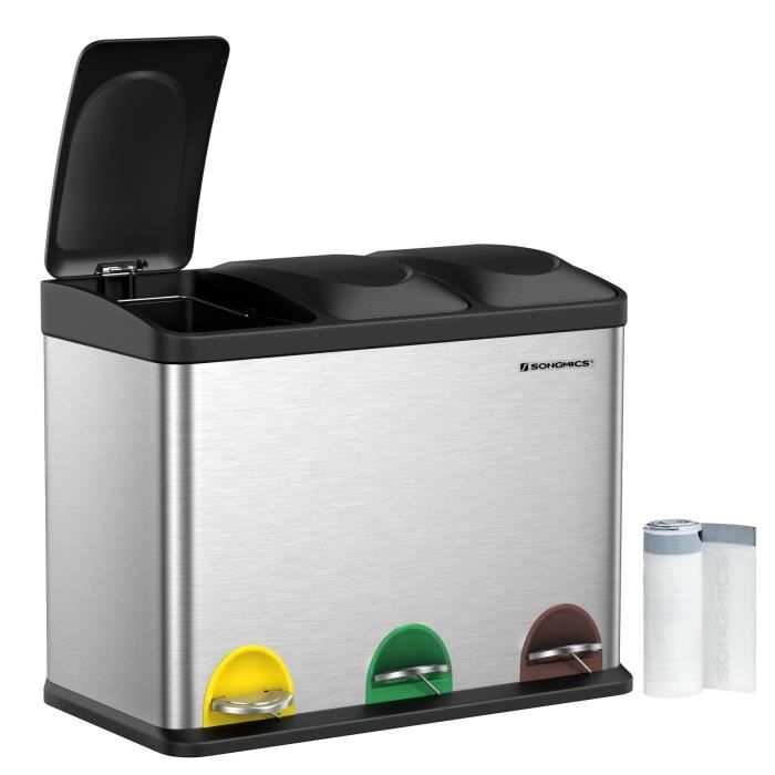 SONGMICS Poubelle de cuisine 3 compartiments, Acier Inoxydable + Noir