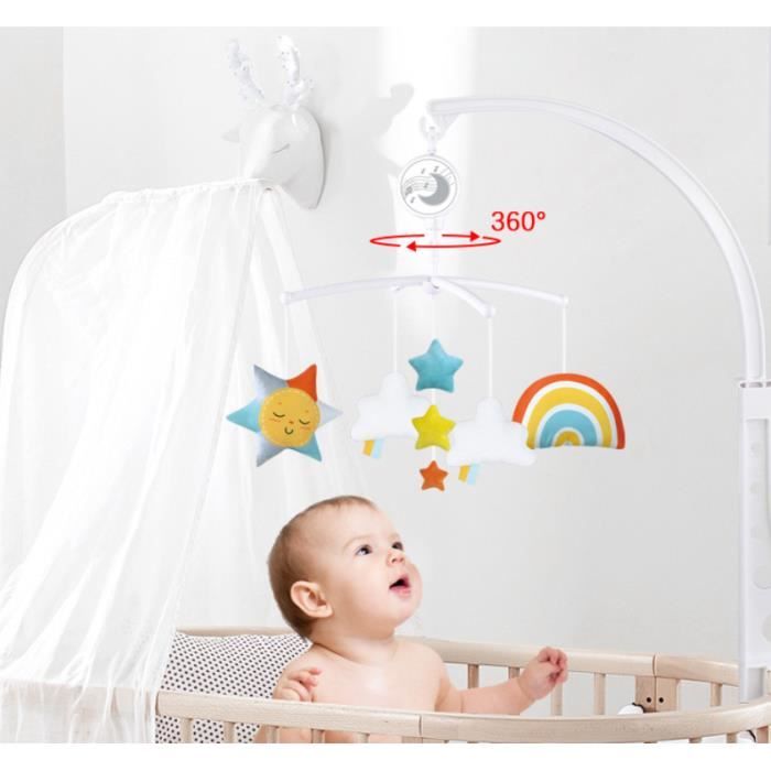 Boîte à Musique Mobile Pour Lit Bébé - 12 Mélodies - Rotation Automatique - Piles AA - Avec Crochet - Blanc