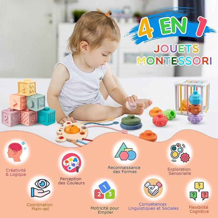 Jouet Montessori Bébé 4 en 1, Jouets Sensoriels à Tirer, Cubes Souples