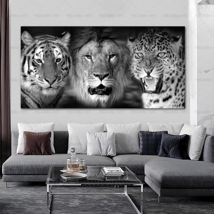 Tableau Sur Toile Animalier Noir Et Blanc - Tête De Lion - Peinture Murale Design