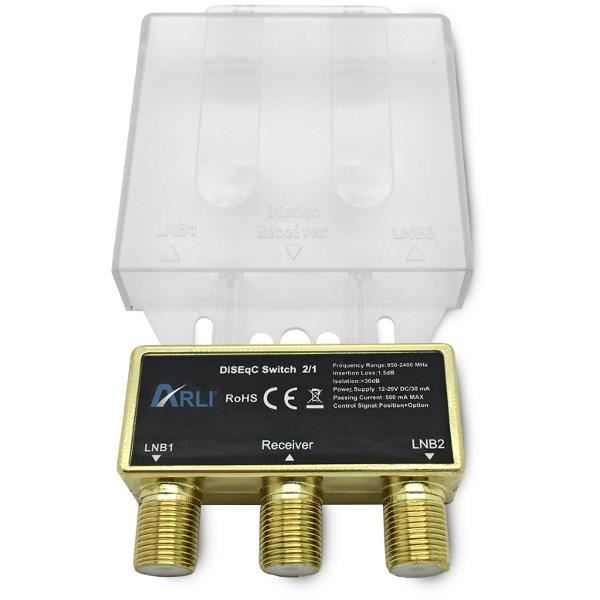 ARLI Commutateur DiSEqC 2/1 + 3 Fiches F Or, 2 Entrées LNB 1 Sortie Récepteur Full HD 3D 4K - TV Son Photo