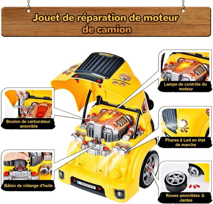 JONRRYIN – Camion Tracteur à Démonter Avec Perceuse électrique – Phares LED, Sons – Jouet éducatif 3-8 Ans – Cadeau