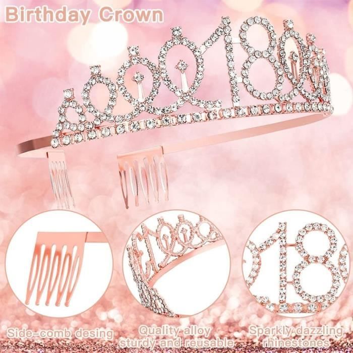 Déco Anniversaire 18 Ans – Couronne, écharpe “Joyeux 18 Ans” Et Chiffre 18 Pour Gâteau (or Rose Et Strass) - 12