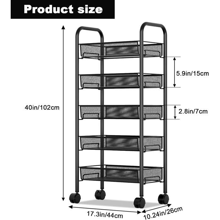 WELDUN Chariot de rangement à 3 niveaux, en maille métallique portable, stable et facile à installer, pour salle de bain