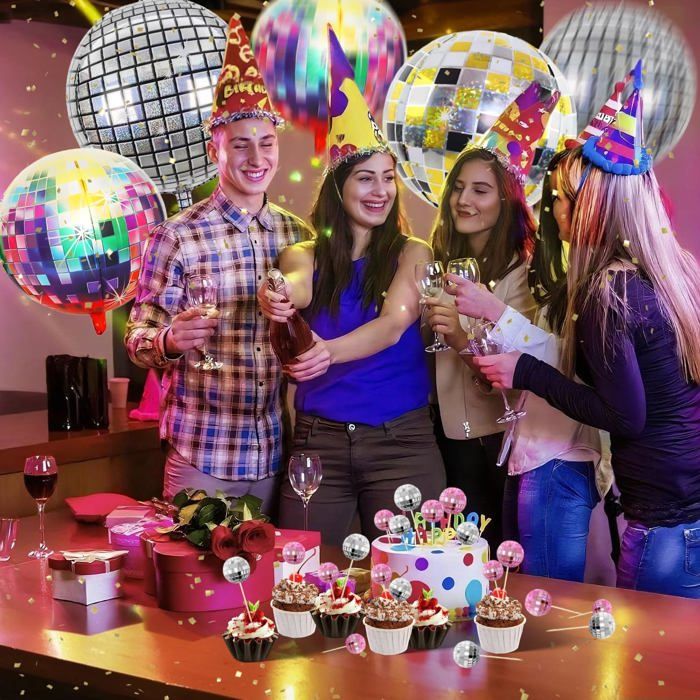 6 Ballons Disco Aluminium 22 Pouces – 4D Argenté – Valves Auto-obturantes – Fête Années 70-80-90, Anniversaire, Mariage