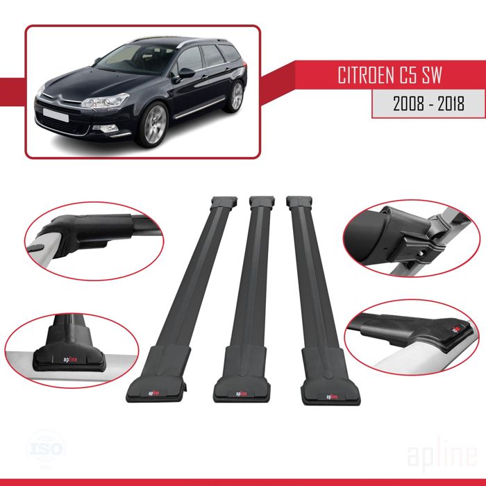 Barres De Toit Aluminium Pour Citroën C5 II Tourer 2008-2018 - Modèle Fly, Grises, 2 Barres, Charge 75 Kg