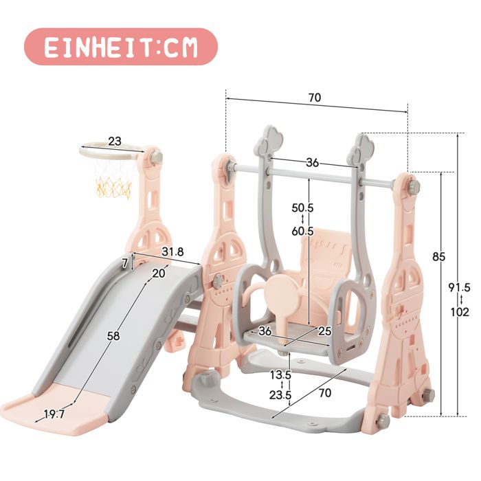 Toboggan Enfant 4 En 1 Avec Balançoire, Panier De Basket Et Escalier - Structure Pirate - Capacité 35 Kg - Rose/vert/blanc