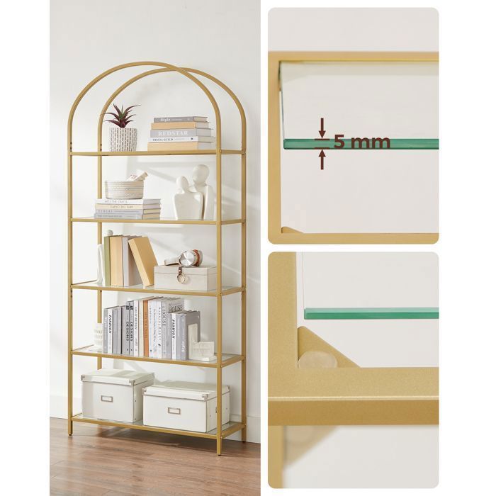 Étagère 5 Niveaux VASAGLE Verre Trempé Dorée - Structure Acier, Design Arqué Chic Pour Salon Et Bureau LGT050A01