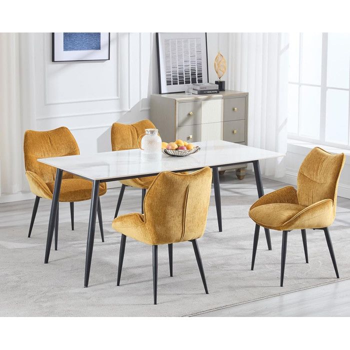 Lot De 4 Chaises De Salle à Manger En Chenille - Dossier Courbé, Pieds Métal - Jaune - DAYALANE