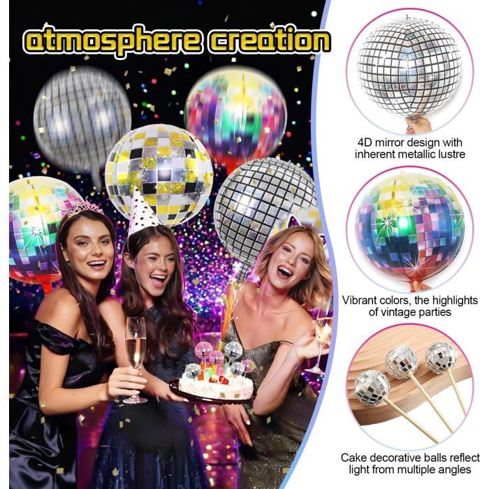 Lot de 6 ballons de fête de 22 pouces 4D ballons en aluminium en argent noir, ballons d'anniversaire, décorations de fête pour fêtes d'anniversaire de mariage de fin de nouvel an