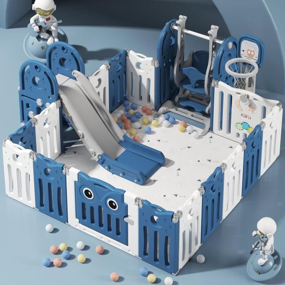 Parc Bebe En Plastique 16 Balancoire Toboggan Basketball Aire De Jeux Porte Barriere Securite Enfant Pliable Bleu Cdiscount Puericulture Eveil Bebe