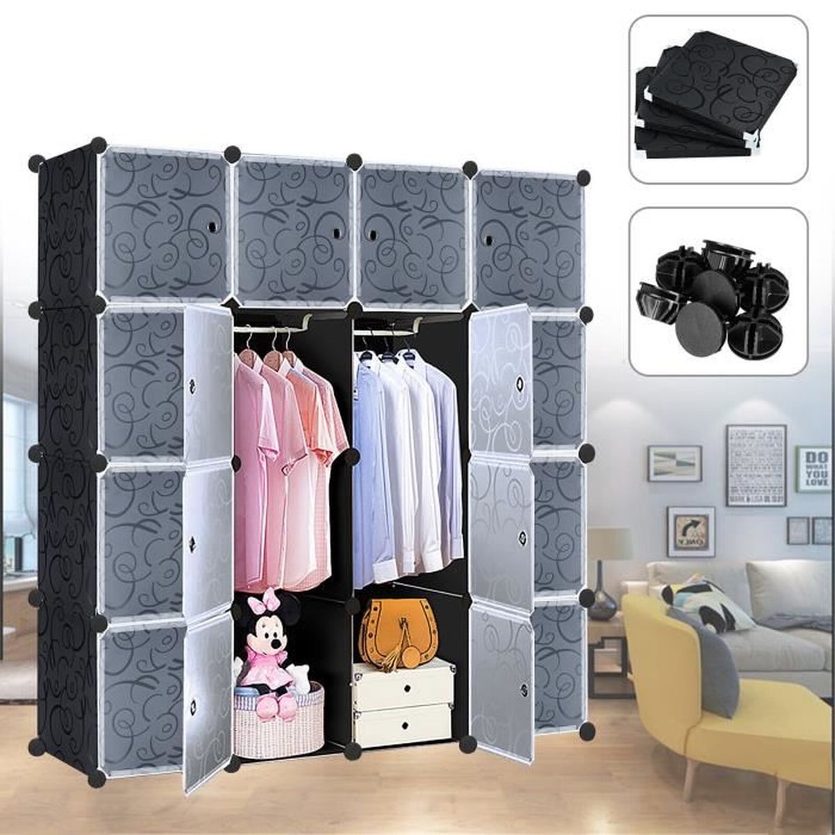 XMTECH Penderie avec Portes, Armoire de Chambre 16 Cubes, DIY Meuble de