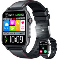 Montre Connectée 3LEDs Grand Écran IPS 1,96 Moniteur Santé Cardio Fréquence Cardiaque Bracelet Similicuir Noir Magnetique &