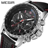 MEGIR Montre de luxe pour homme avec bracelet à quartz en cuir et montre de sport - Montre pour homme - Argent
